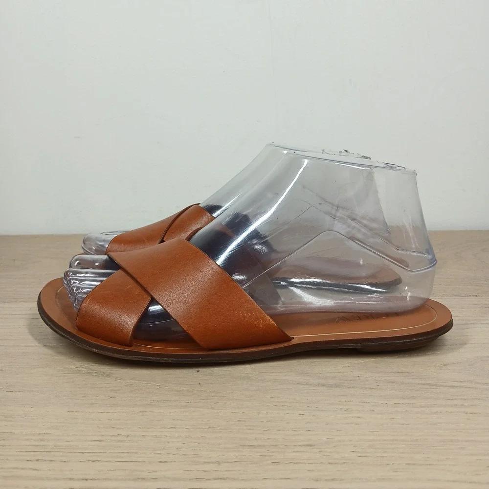 J.Crew Slide Sandals Womens 7 Cognac Brown Leather Crisscross Flat Shoes